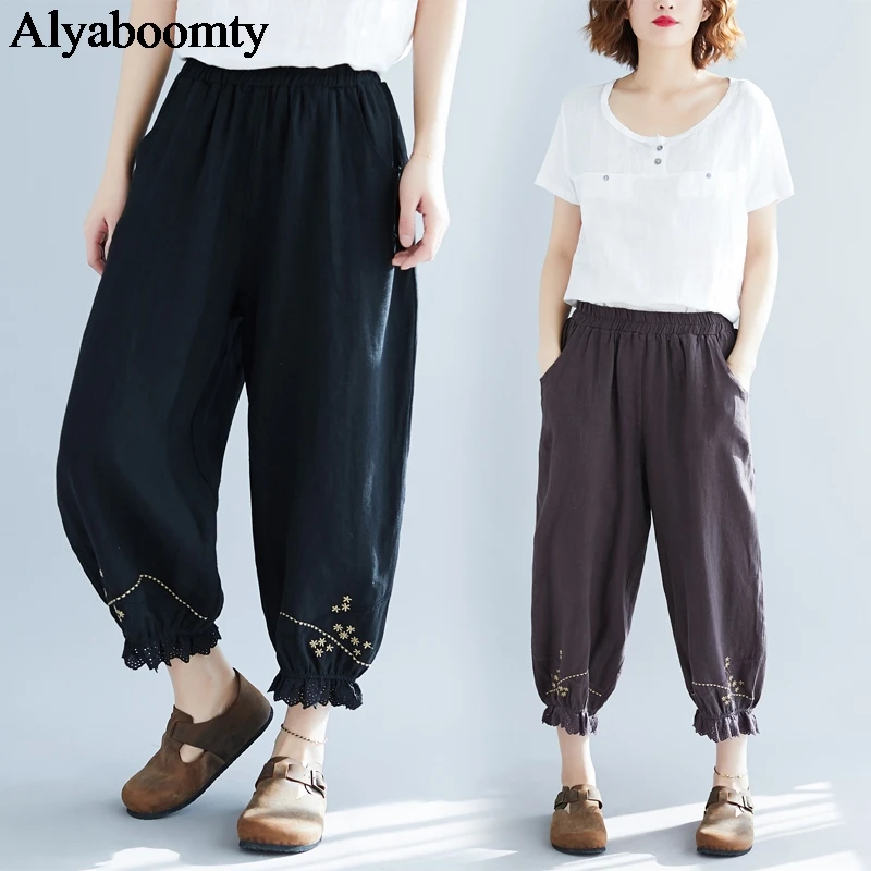 2020 весна лето женские шаровары размера плюс черные коричневые хлопковые льняные