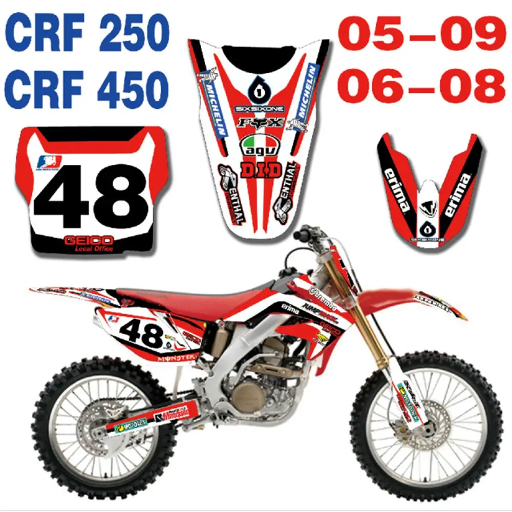 

New Full Graphics Decals Stickers Custom Number Name Glossy Bright Stickers Waterproof for 2005-2009 HONDA CRF250 CRF450
