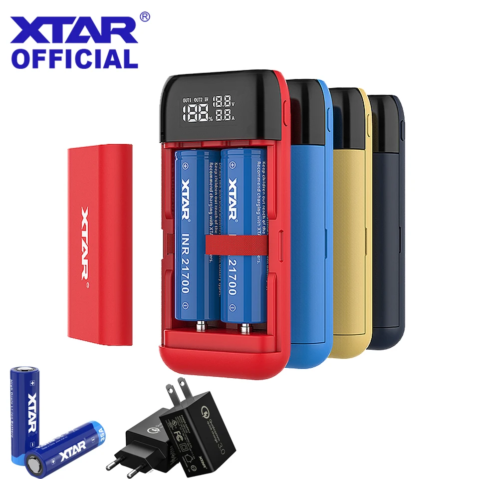 

XTAR Power Bank Charger PB2S Type-C 2019 NEWST Charger LCD Fast Battery Charger + QC3.0 Wall Adapter + 20700 21700 18650 Battery