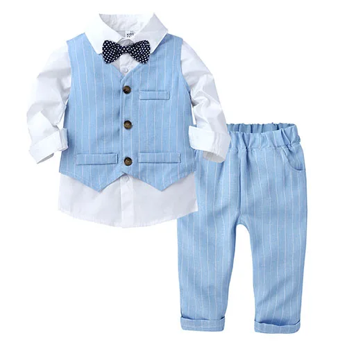 Autumn Children Boys Sets Classic lattice Kid Boys Clothes Sets 3Pcs vest + white bowtie Shirt + Pants Toddler Clothes Suit M30 7