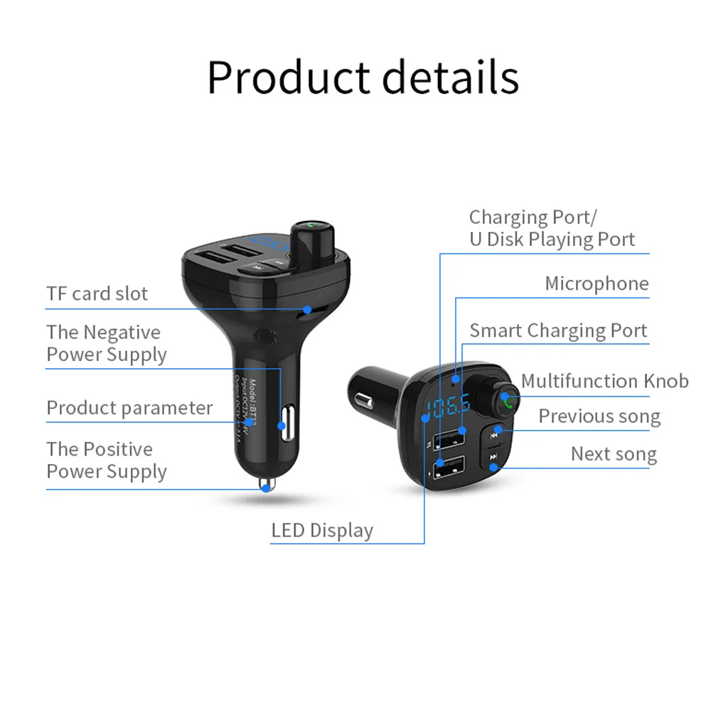 Car MP3 Player FM Transmitter Bluetooth Handsfree Car Kit Music Player FM Modulator 3.1A Dual USB Type-c Charger Support TF Card