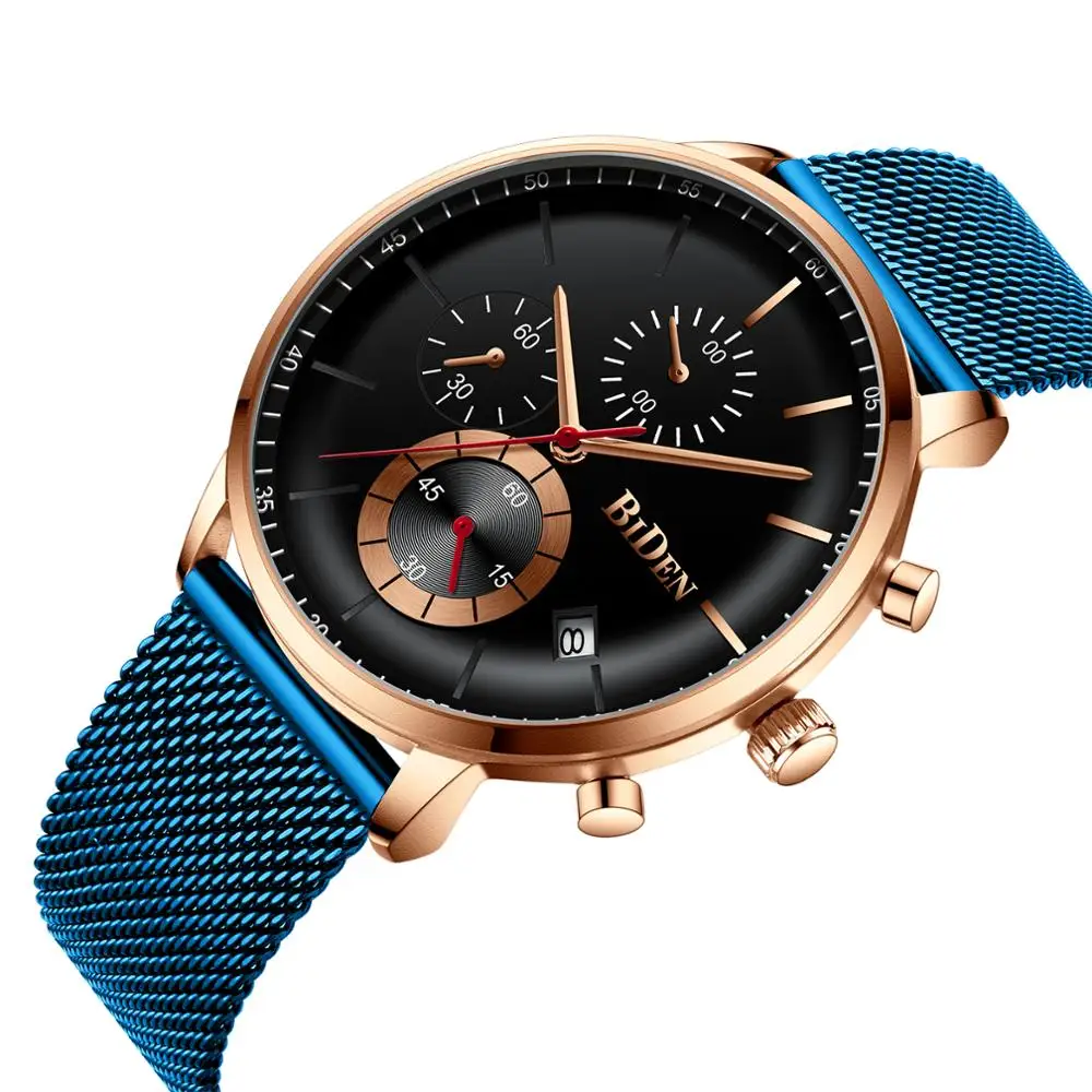 

BIDEN Top Brand Stylish Male Watch Casual Blue Mesh Men's Watch Waterproof Auto Date Chronograph Wrist Watches Relogio Masculino