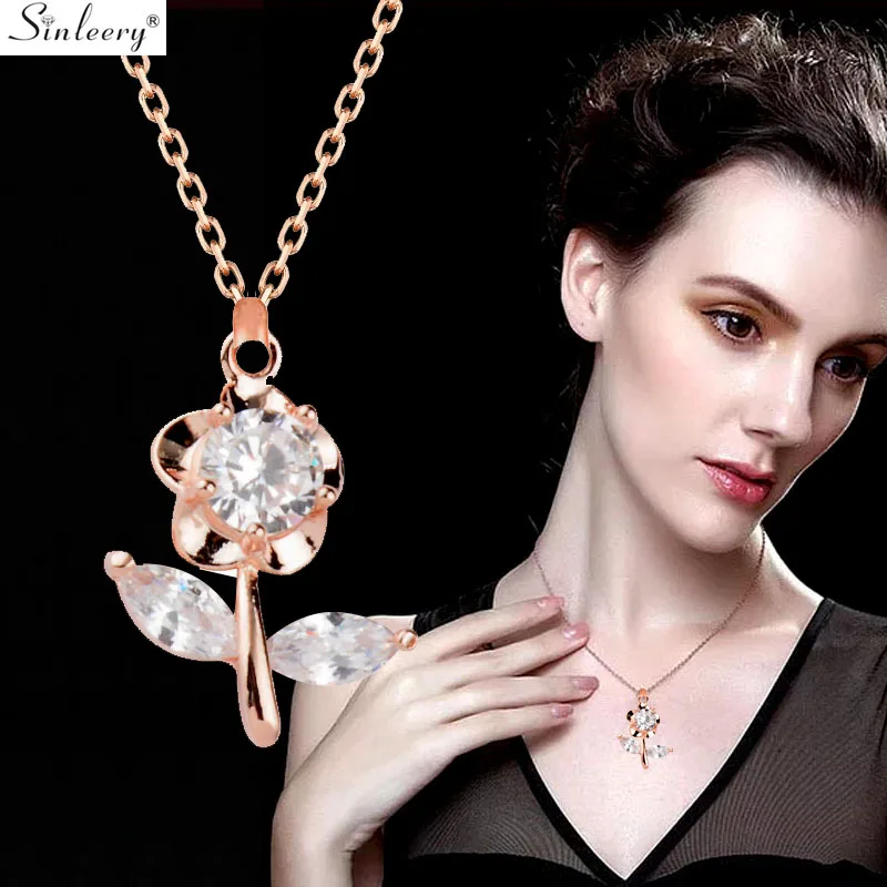 

SINLEERY Lovely Flower With Leaves Design Necklace Rose Gold Silver Color Inlay Crystal Chain Choker Necklace Jewelry XL082 SSH