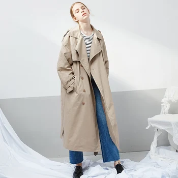

Spring Autumn Women Classic Brief Casual Loose Khaki 100%Cotton Belt Trench Ladies Elegant Double Breasted X Long Coat Outerwear