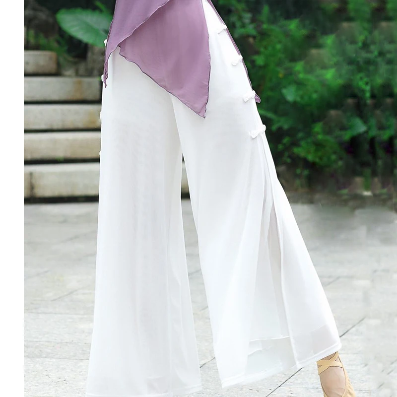 Women Pants Chinese Style Performance White Black Classical Dance Practice Clothes Kawaii Cute Trousers Wide Leg Elastic Waist