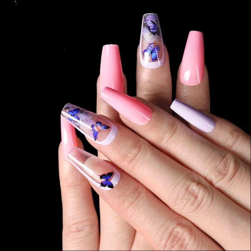 

24Pcs Hollow Butterfly Artificial False Nails With Designs Ballerina Shape Pree On Fake Nails Full Cover Manicure Tool