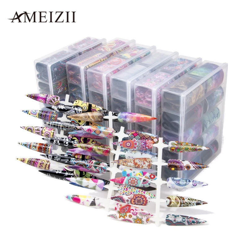 Ameizii 4*100 см/рулон дизайн ногтей перевод рисунка Фольга наклейки Лазерная Галактика Звезды Цветок слайдер наклейки для ногтей Дизайн Маникюр украшения