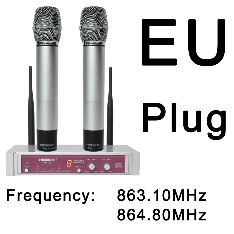 Freeboss FB-U10-S UHF беспроводной микрофон Система двойной беспроводной ручной микрофон 2 канала в серебристом цвете - Цвет: EU PLUG 863 864 MHZ