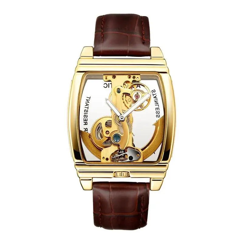 Мужские классические часы с мостом маховика роскошные механические часы с кожаным ремешком