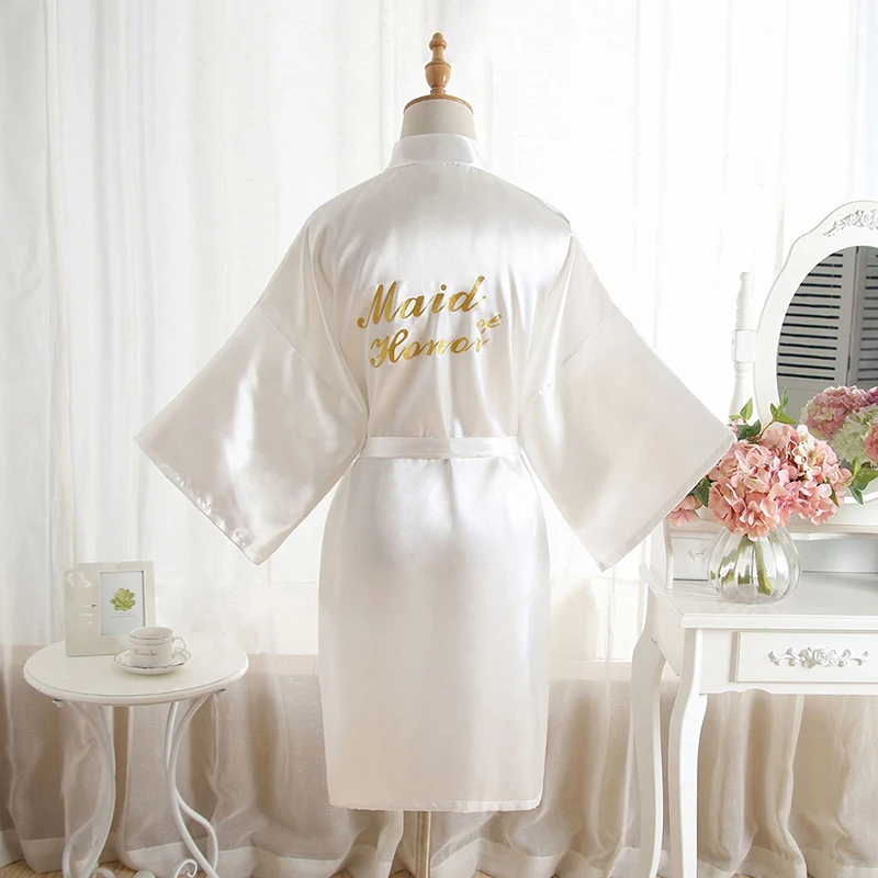 white Maid of honor Новая мода свободные халаты из искусственного шелка блузка с поясом женский халат с буквенным принтом ночные рубашки кардиган Неглиже - Цвет: white Maid of honor