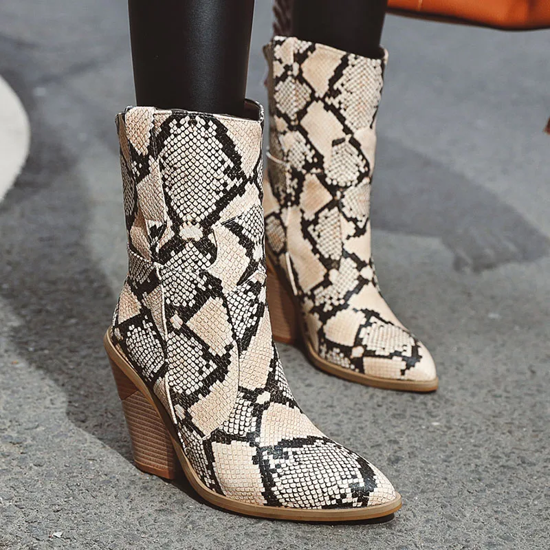 Ковбойские ботинки из змеиной кожи новые модные женские ботильоны искусственной