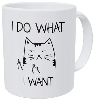 

I Do What I Want Mad Cat Face Triangles 11 Ounces Funny Coffee Mug Cup with Stirring Spoon