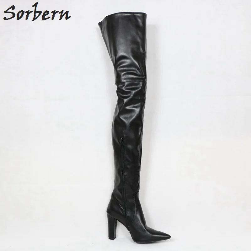 Sorbern/коричневые женские сапоги из Pu искусственной кожи; женские сапоги до середины бедра; Сапоги выше колена с острым носком и боковой молнией; обувь под заказ
