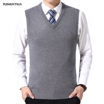 

Puimentiua 2019 Men's Relax Fit Vest Knit V-Neck Sweater New Fashion Autumn Male Slim Fit Solid Buisness Casual Pullover Vest