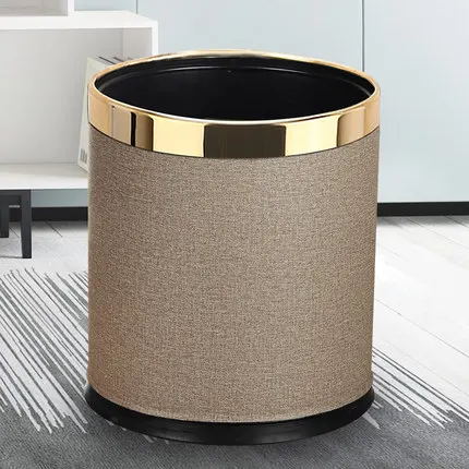coffee gold ring Металлический мусорный бак 10л мусорное ведро, кожаный наружный двухслойный контейнер для мусора, чехол с открытым верхом, напольная подставка для отеля, офиса - Цвет: coffee gold ring