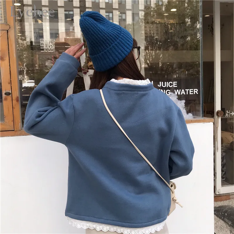 Lychee, Harajuku, японская девушка, жабо, бант, женские флисовые толстовки с круглым вырезом, свободные женские пуловеры, весна, осень, зима, женские топы