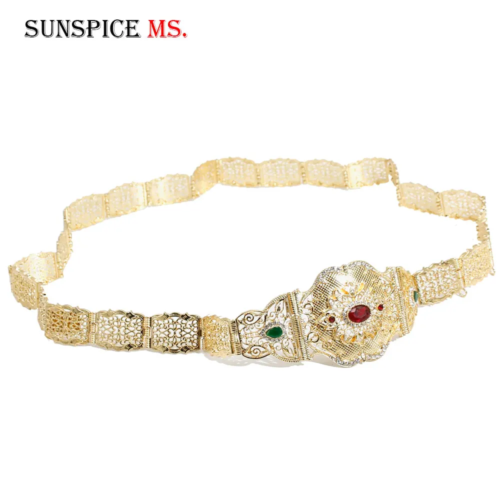 SUNSPICE-MS, Morocco, Женский цепной ремень на талию, золотистый цвет, с красным зеленым кристаллом, в этническом стиле, Свадебный металлический кафтан, ювелирные изделия