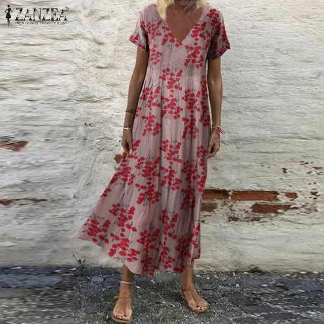 Oversized Womens Floral Sundress ZANZEA 2021 Kaftan Printed Summer Dress Short Sleeve Maxi Vestidos Female Casual Robe Femme 5