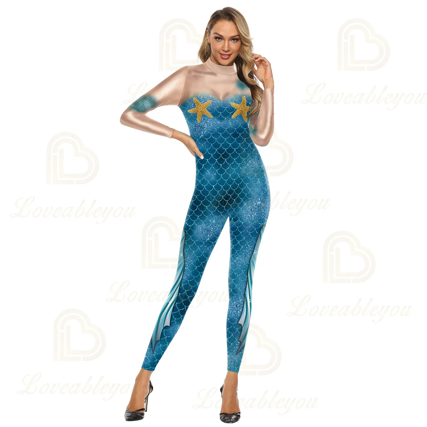 

Mujer Mermaid Jumpsuit for Women Sexy Female Fish Scale Hooded Bodysuit Costume Scale Star Printing Colorful Jumpsuit