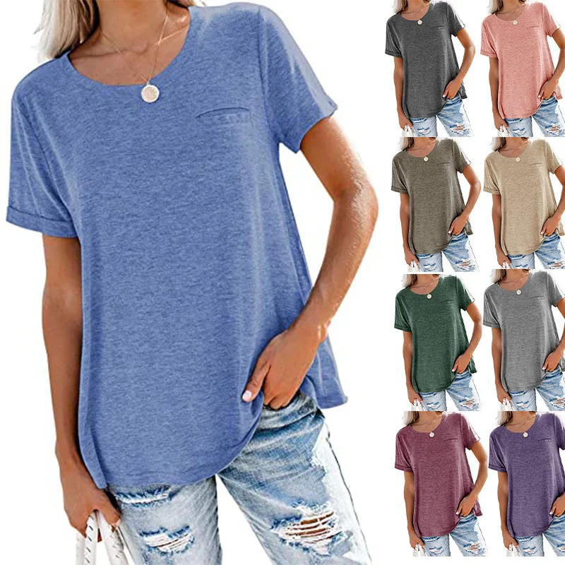 

2021 Women's round neck pocket loose short sleeve casual multi-colored T-shirt