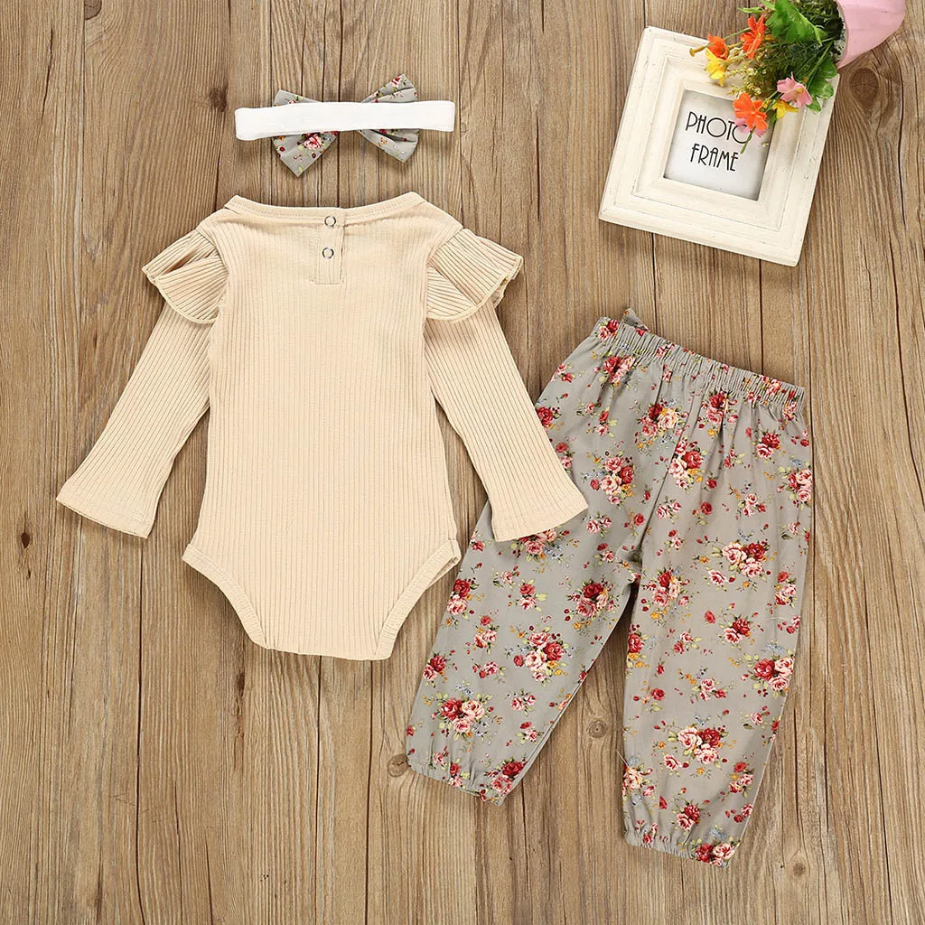 

Toddler Baby Girl Clothes 2019 Autumn Long Sleeve Ruffles Ribbed Romper + Floral Pants Set Suit Infant Baby Girl Fall Outfits
