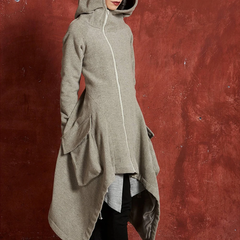 Тренч для женщин, большие размеры, зимнее плотное флисовое теплое готическое модное асимметричное длинное пальто серого цвета с капюшоном, Уличная Повседневная Верхняя одежда