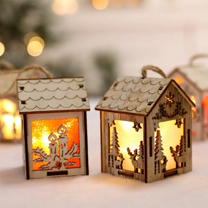

Merry Christmas Party Decorations Small Wooden House With Lights Small Christmas Tree House Hanging Santa claus #h