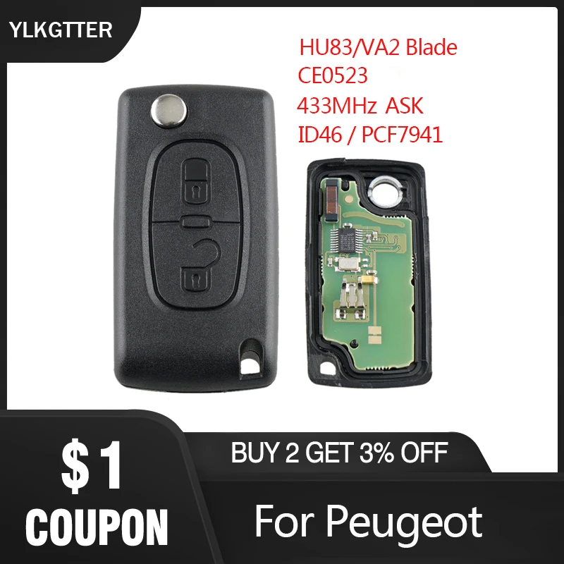 YLKGTTER 433 МГц автомобиль дистанционного ключа подходит для peugeot 207 307 308 407 807 Expert, Partner CC SW с транспондер ID46/PCF7941 чип