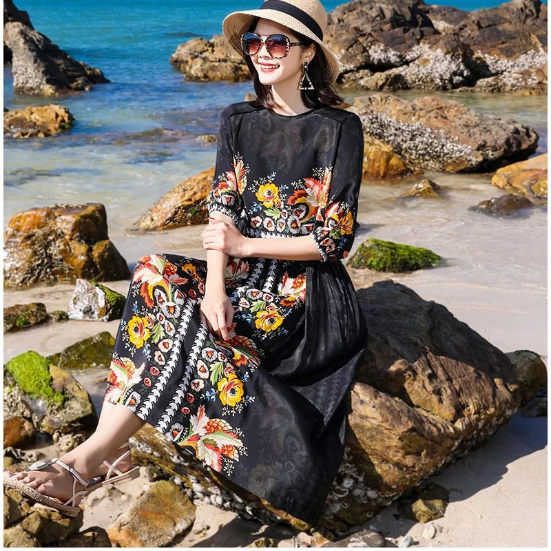 

2019 Summer New Style round Collar in Black Ethnic-Style Printed Word Skirt Faux Mulberry Silk Mid-length Dress Women's