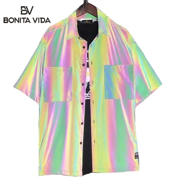 

Bonita Vida Laser Rainbow Reflective Pocket Mens Shirt 2020 Summer Harajuku Punk Rock Hip Hop Shirt Streetwear Tops Clothes