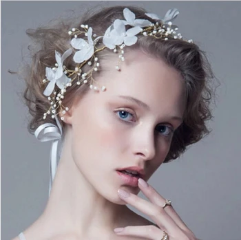 Fashion handmade silk gauze crystal pearl flower bride headband hairpin bridal tiara headpiece hair jewelry wedding accessories