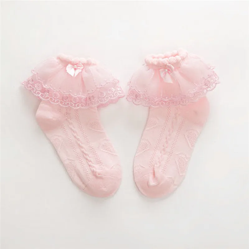 Летние детские кружевные носки с оборками для маленьких девочек Нескользящие носки принцессы с юбкой-пачкой и оборками белые, розовые, бежевые, От 2 до 12 лет