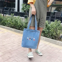 Женская сумка в стиле ретро с принтом, большая вместительность, джинсовая сумка с надписью, сумки на плечо, синяя сумка для покупок, дорожная сумка с простой ручкой