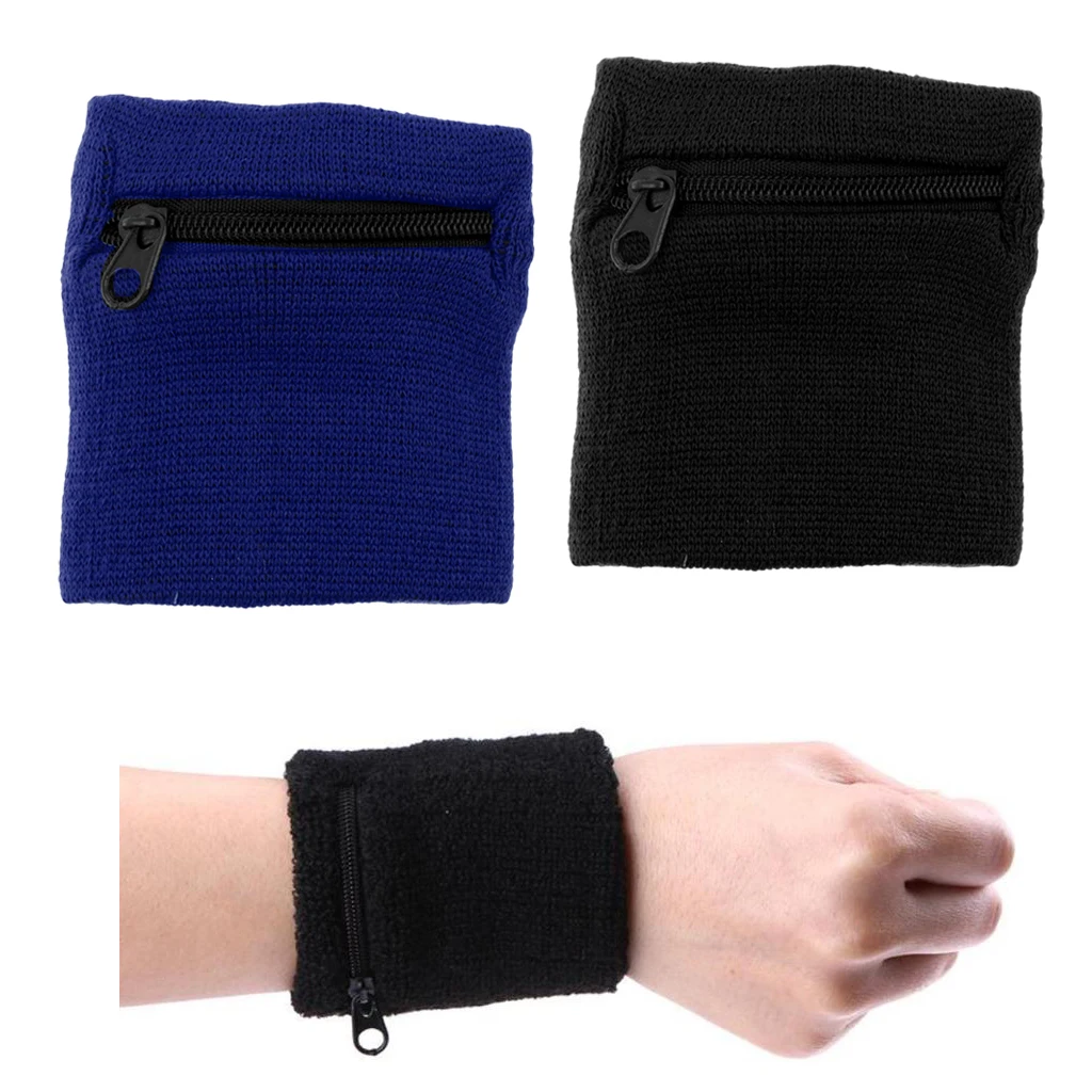 (Pack of 2) Unisex Sweatbands Outdoor Sports Running Wrist Band Wallet with Zipper Pocket