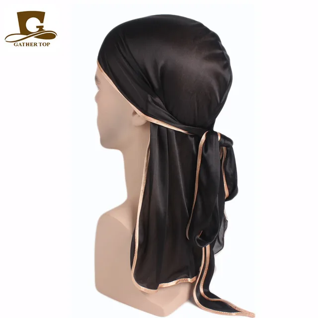 Men's Silky Durags Bandanas Turban hat Wigs Doo Men Satin Durag Biker Headwear Headband Hair Accessories Extra Long Tail Du-Rag Adult Black gold