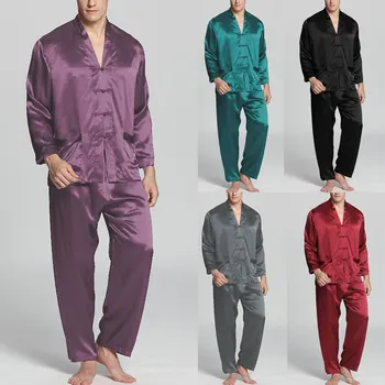 

Men Sleep Sets Men Fashion Pajamas Sets Long Sleeve V Neck Faux Silk Satin Solid Color Nightwear Loose Button Sleepwear Homewear