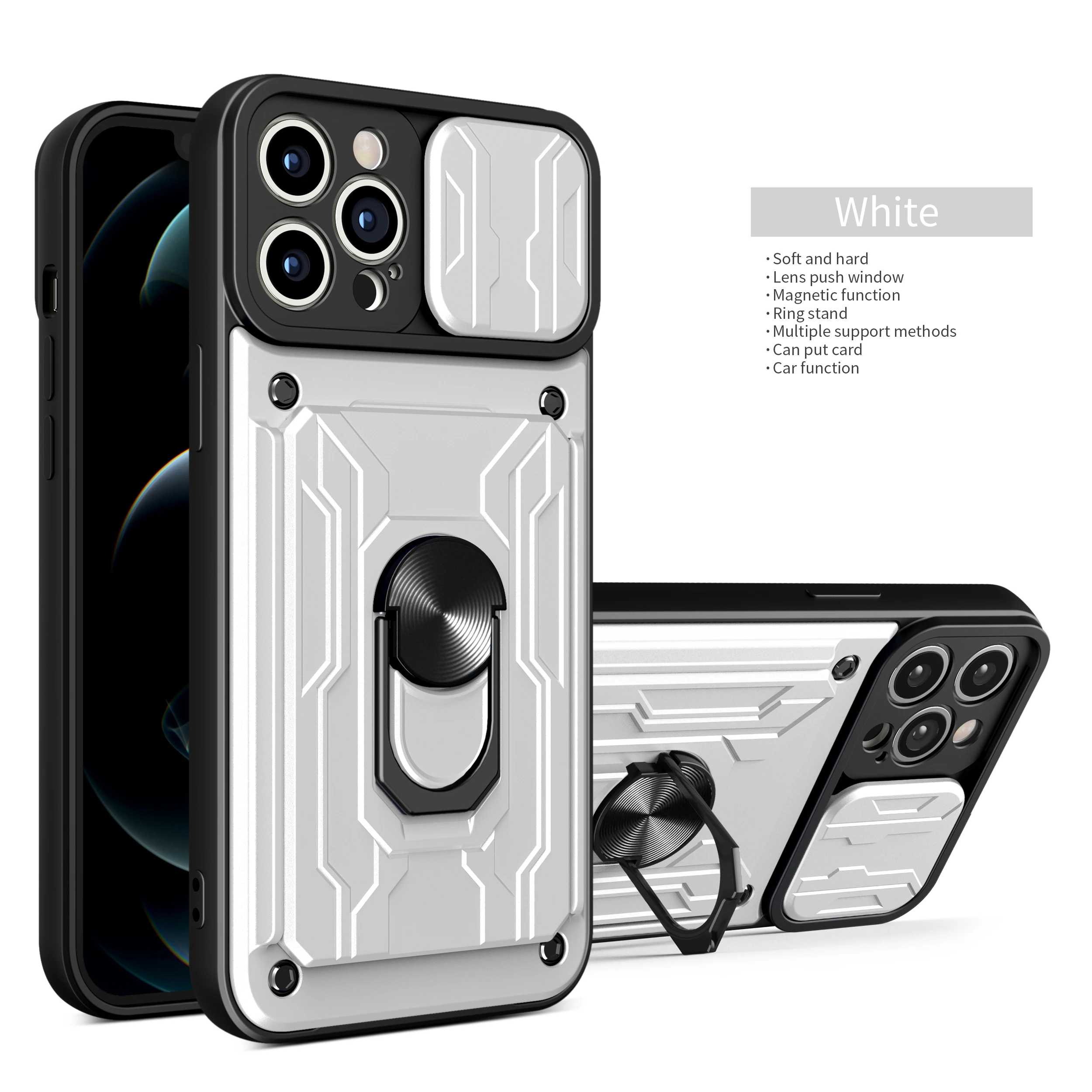 For iPhone 13 12 11 Pro Max Case Slide Stand Kickstand Ring Camera Military Grade Card Slot SE 2020 XR XS Max X XS 8 Plus Cover