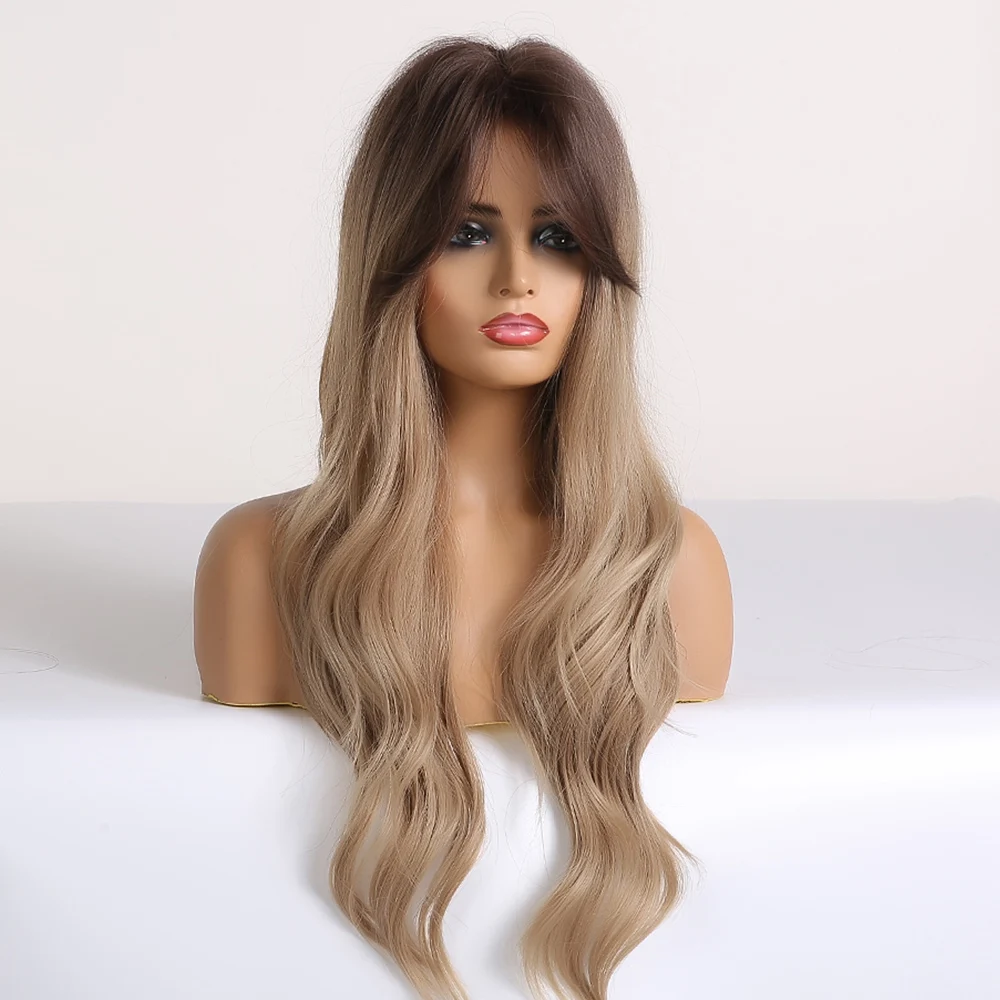 EASIHAIR Long Black to Brown Ombre Synthetic Wigs for Women Afro Wigs with Bangs High Density Temperature Wavy Cosplay Wigs