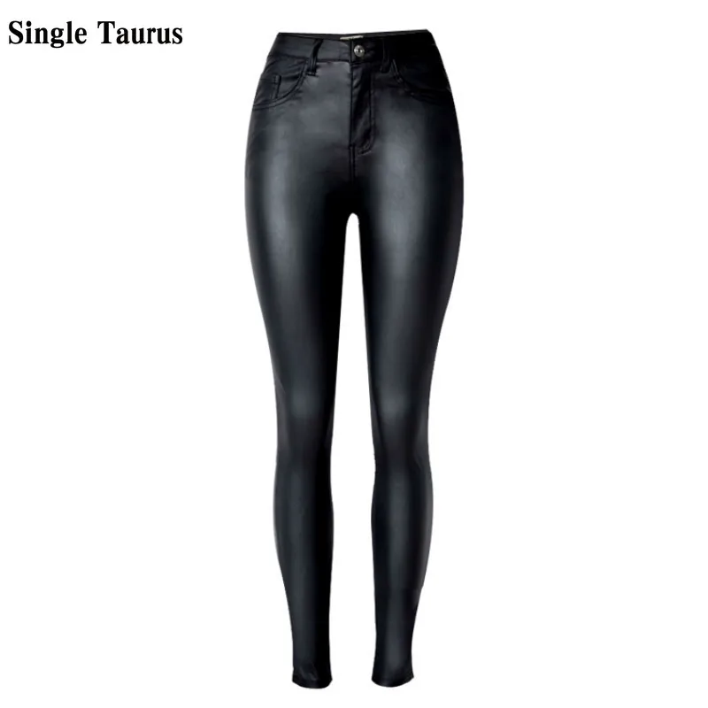 De cintura alta de la PU de cuero de imitación Jeans de moda de las mujeres negro elasticidad Vaqueros pitillo para Mujer Push Up Slim Vaqueros Mujer Pantalones de lápiz