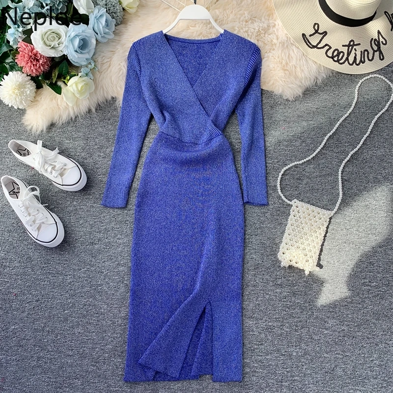 

Neploe Autumn New V Neck Pullover Bright Silk Sweater Dress Women Slim Fit Cross Maxi Vestido Skinny Pull Femme Hiver 46278
