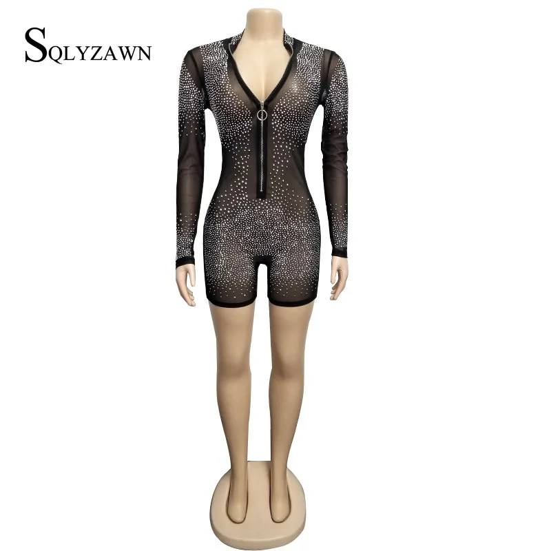 2020 Long Sleeve Night ClubSexy Women Mesh Glitter Rhinestones Playsuit  Short Pants Summer Transparent Zipper Jumpsuit Romper