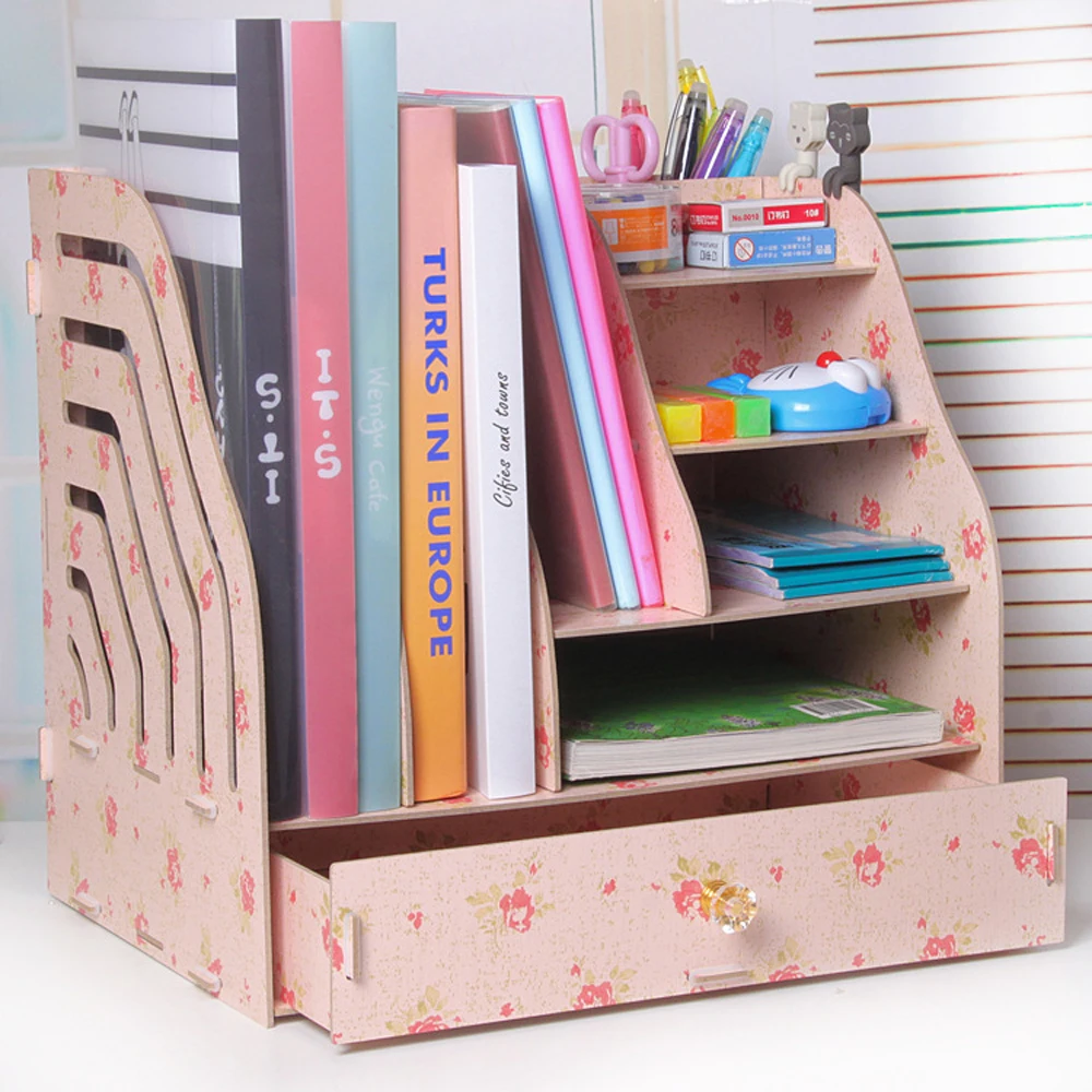 DIY Wooden Document Tray Desktop Multifunction A4 Data Storage Box Pen Pencil File Holder Office Desk Organizer School Supplies