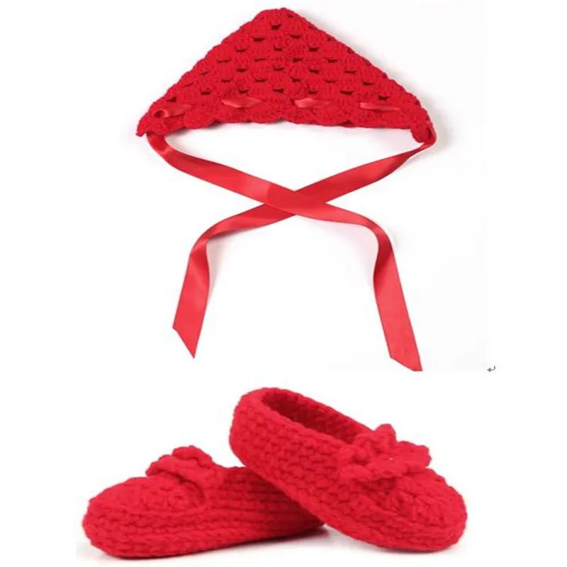 Hot sale Cute baby boys girls handmade crochet knitted red crib shoes + ribbon hat photography props set