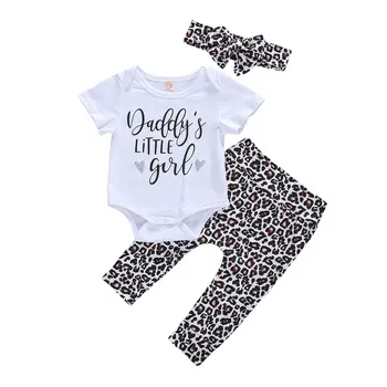 

Pudcoco 0-18M Daddy Infant Baby Girl Clothes Letter Print Short Sleeve Rompers Tops+Leopard Print Pants Headband Summer 3pcs Set