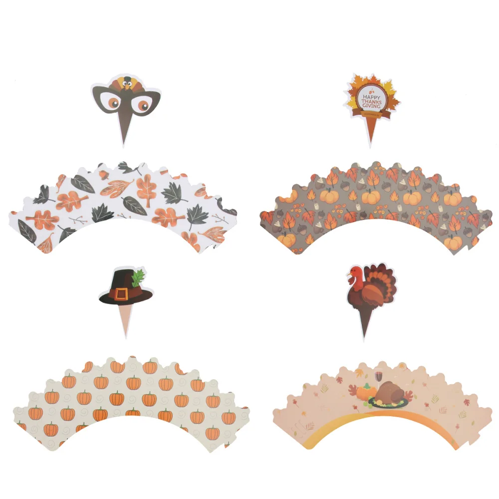 

48Pcs Thanksgiving Day Cake Toppers Cute Cupcake Wrappers Insert Card Toppers