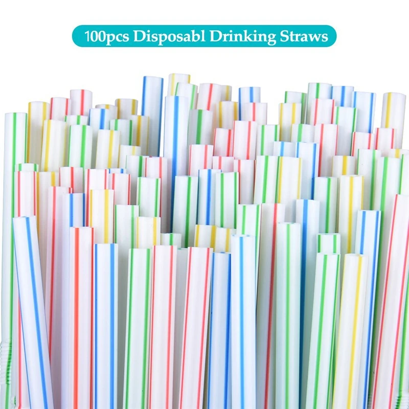 

100Pack Disposable Straws Flexible Plastic Straws Striped Multi Colored Rainbow Drinking Straws Bendy Straw Bar Accessories