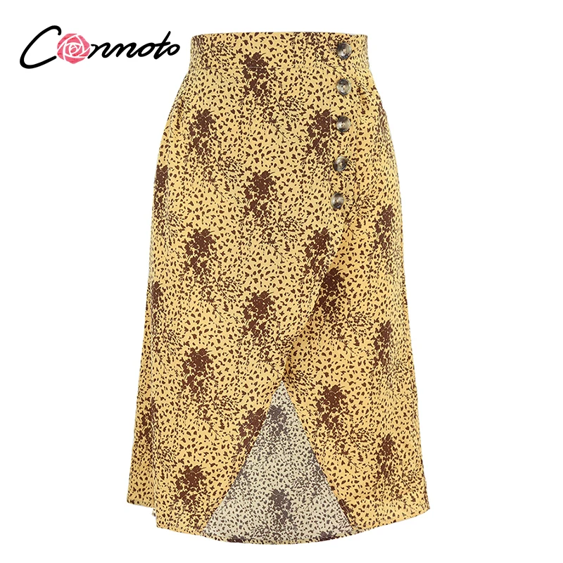 Conmoto boho пляжные повседневные летние женские юбки, желтые женские юбки средней длины на пуговицах с высокой талией, Женская юбка с разрезом размера плюс - Цвет: Цвет: желтый