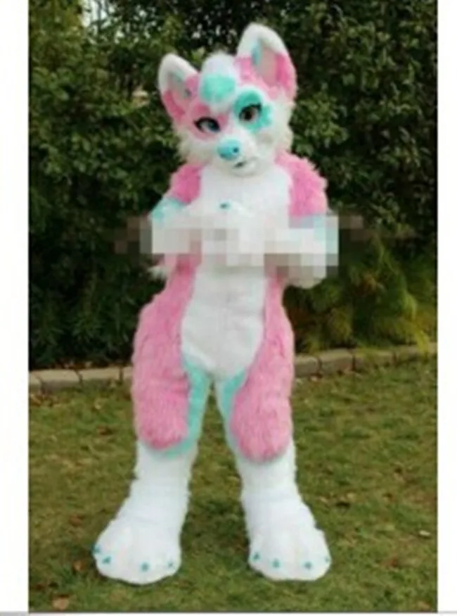 Pink Long Fur Furry Fox Wolf Husky Dog Mascot Costume Fursuit Adult Cartoon Character Someone Inside Props zz7650 | Тематическая