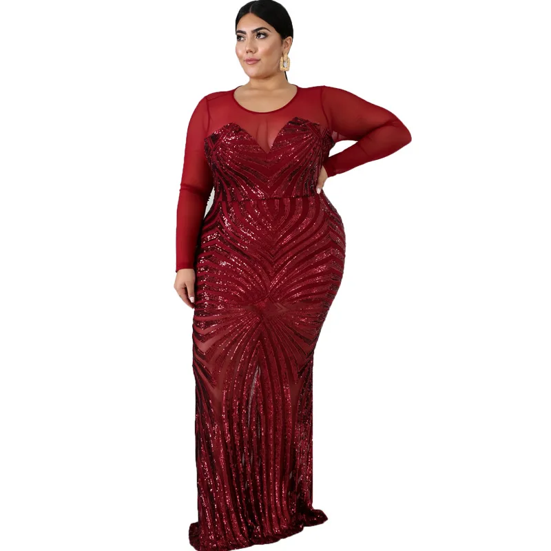 4XL 5XL размера плюс африканские платья для женщин черные блестки круглый вырез с длинным рукавом Повседневное платье вечернее платье вечерние платья