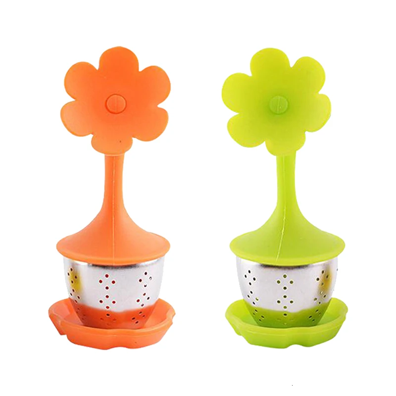 1 шт. в форме цветка ситечко для чая с силиконовой ручкой из нержавеющей стали ситечко для кофе чайный лист фильтры кухонные принадлежности с поддоном для капель